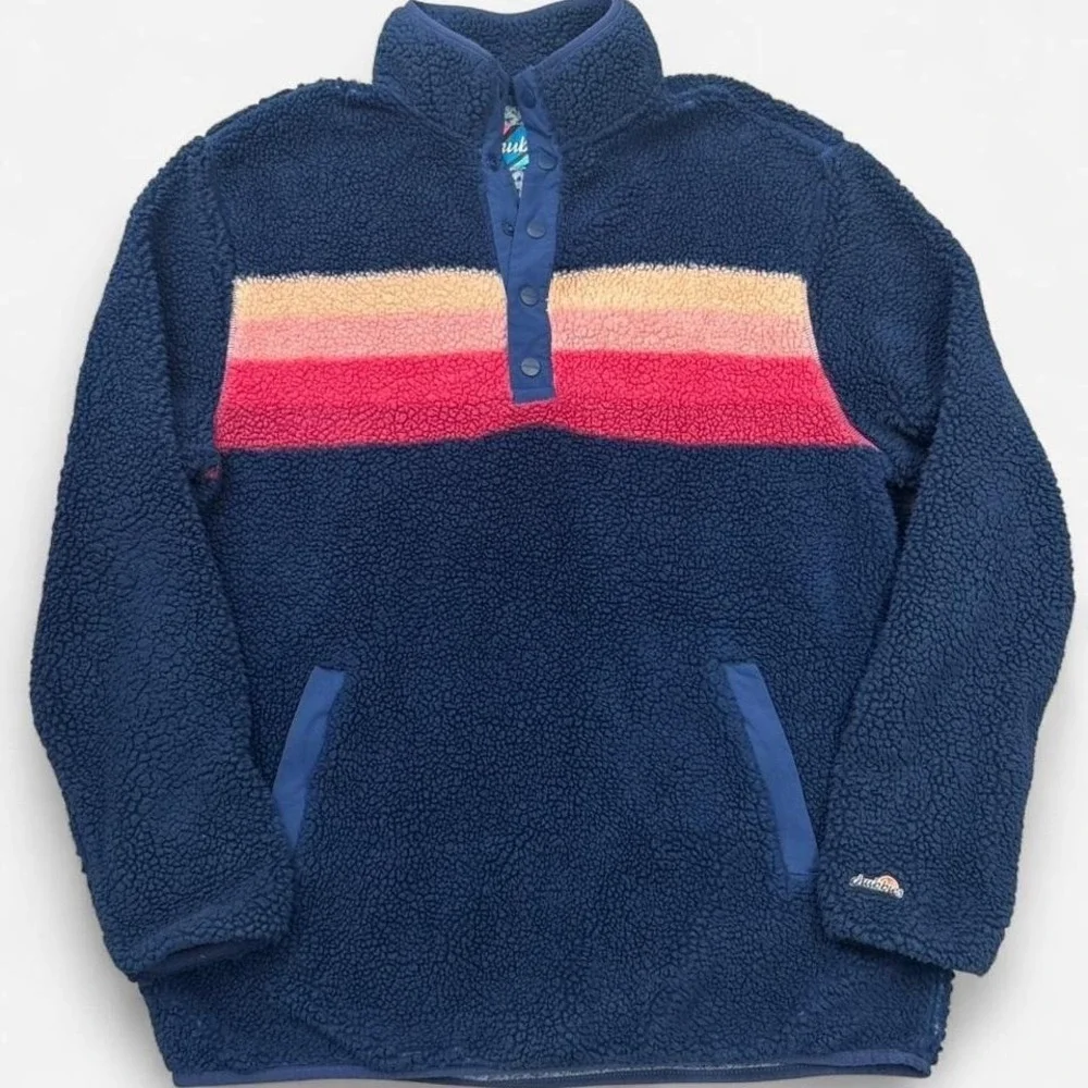Chubbies Sherpa‎ Fleece Pullover Mens XL Blue Retro Stripe Snap Button 0206